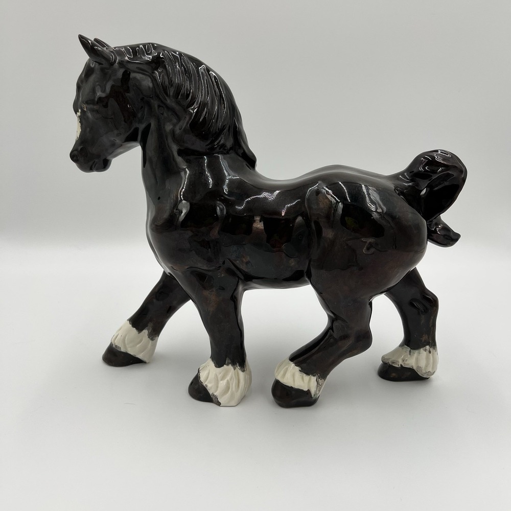 Vintage Glossy Ceramic Draft Horse Figurine Brown White Feathered Hooves 7x8x3